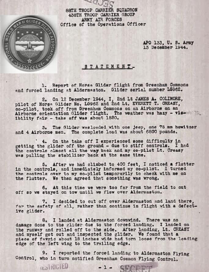 Page 1 document supporting the issues with the Horsa Glider in the December 12, 1944 Crash.